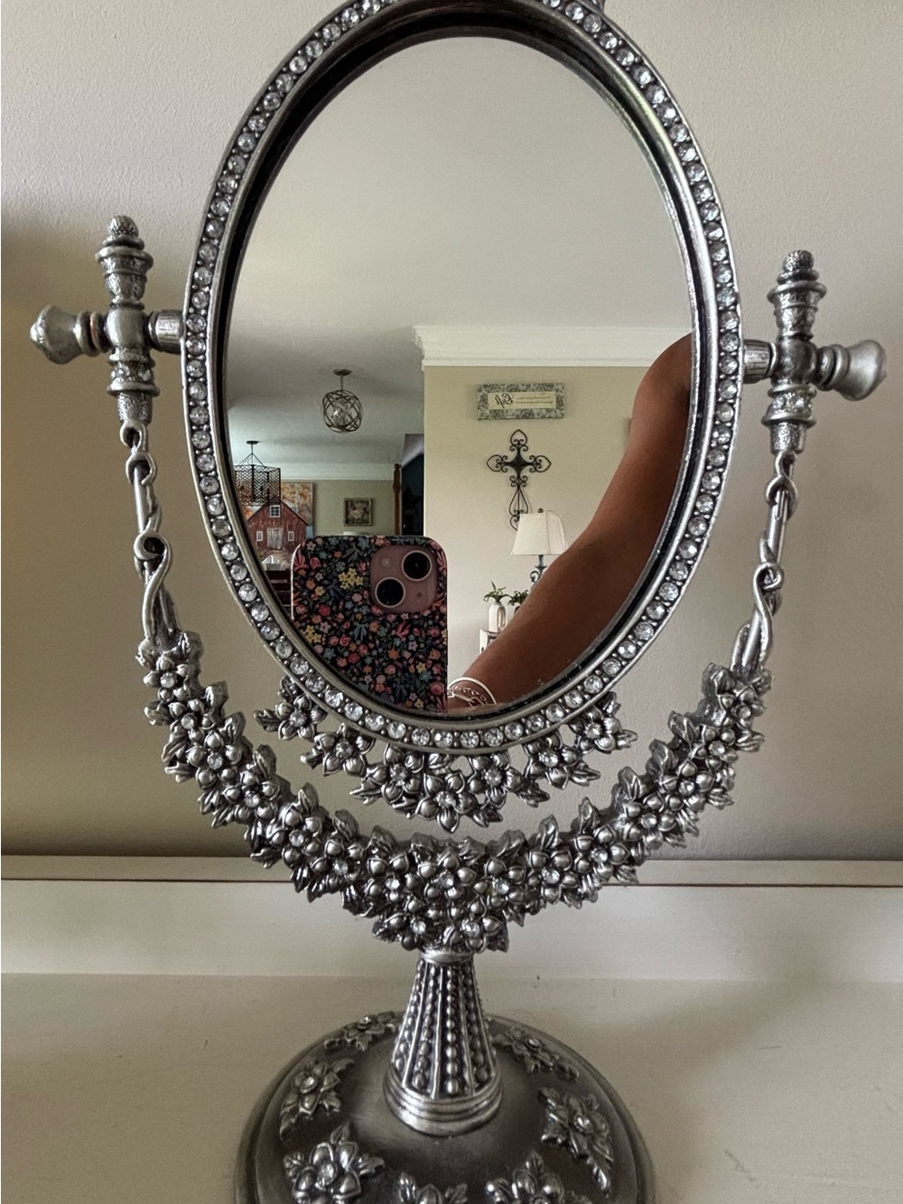 Ornate Silver Floral Oval Vanity Mirror - Picture 4 of 5